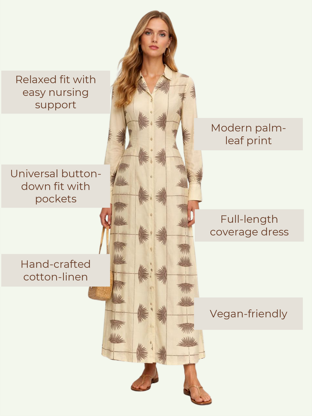 Beige Palm Leaf Maxi Buttoned Dress