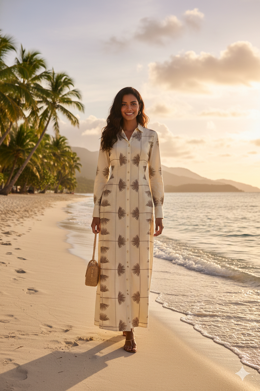 Beige Palm Leaf Maxi Buttoned Dress